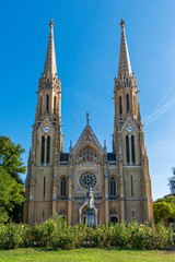 Fototapeta na wymiar Budapest, Hungary - October 01, 2019: Church of St. Elizabeth of the House of Arpad. The impressive Neo-Gothic spires of this church rise to an impressive 76 metres. Designed by Imre Steindl in 1901.