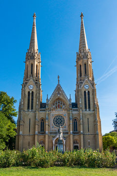 Budapest, Hungary - October 01, 2019: Church of St. Elizabeth of the House of Arpad. The impressive Neo-Gothic spires of this church rise to an impressive 76 metres. Designed by Imre Steindl in 1901.