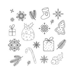 Christmas line icons set: spruce twigs, snowflakes, gifts, sock, candy, Christmas pudding, hollywood, biscuit.