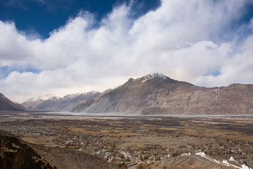View landscape with Hunder or Hundar village in nubra tehsil valley while winter season at Leh Ladakh in Jammu and Kashmir, India