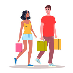 Woman and man shopping. Couple with bag.