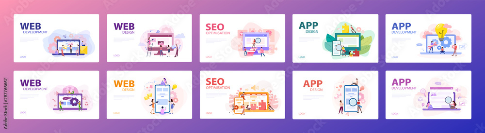 Poster mobile app and web development banner concept set.