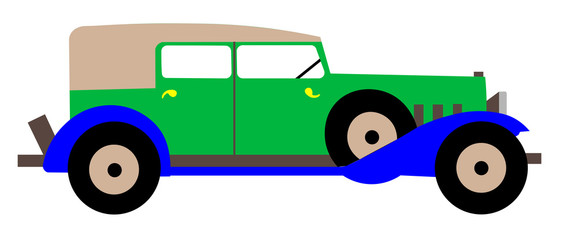 drawing of an old car of the beginning of the 20th century in blue-green color