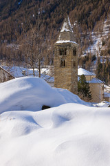 Degioz village with bell tower, Gran Paradiso NP, Valsavarenche, Aosta valley, Italian alps, Italy,...
