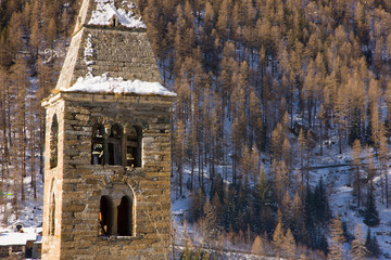 Degioz village with bell tower, Gran Paradiso NP, Valsavarenche, Aosta valley, Italian alps, Europe