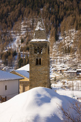 Degioz village with bell tower, Gran Paradiso NP, Valsavarenche, Aosta valley, Italian alps, Europe