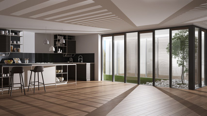 Fototapeta na wymiar Modern minimalist open space in patio house, white and wooden kitchen with island and stools, veranda with grass, marble stones and tree, parquet and venetian blinds, interior design