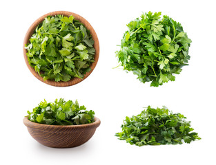 Parsley isolated on white background. Top view. Parsley leaves with copy space for text. Herbs isolated on white. Parsley leaves on white background.