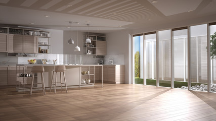 Modern minimalist open space in patio house, white and wooden kitchen with island and stools, veranda with grass, marble stones and tree, parquet and venetian blinds, interior design