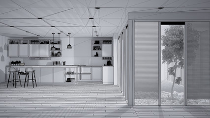 Unfinished project of minimalist open space in patio house, modern kitchen with island and stools, veranda with grass, parquet and venetian blinds, interior design concept idea
