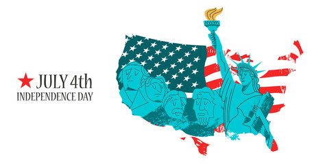July 4 independence day. Vector illustration, poster, greeting card. Statue of liberty and memorial on mount Rushmore. American flag. © katedemian