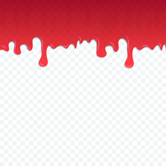 Transparent red jam border. Strawberry or raspberry syrup dripping. Splash texture isolated on transparent background