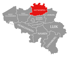 Obraz premium Antwerp red highlighted in map of Belgium