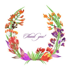Thank you! Wreath of flowers. Thank you card. Greeting card with floral flower. Element for postcard design and printing, as well as for web design.