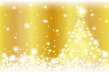 クリスマスシーズンのための光と雪とクリスマスツリーの金色背景