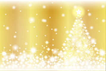 クリスマスシーズンのための光と雪とクリスマスツリーの金色背景