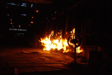 Very rare close view of working open hearth furnace at the metallurgical plant