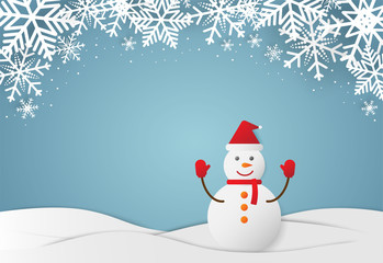 Christmas and happy new year blue vector background with snowman, celebration concept, paper art design
