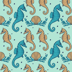 Vintage Hand drawn Seamless pattern with sea creatures. Sea life background. Decorative wallpaper