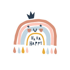 Cute kawaii rainbow princess childish illustration. Little Happy Arch with droplets decorative paper cut simple composition with text. Kid-like weather drawing.