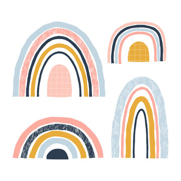 Abstract rainbows hand drawn vector illustration set. Arches decorative paper cut simple composition. Childish drawing. Gender neutral Scandinavian nursery graphics.