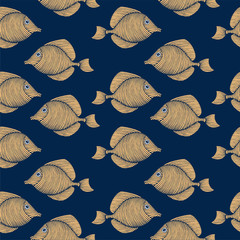 Vintage Hand drawn Seamless pattern with sea creatures. Sea life background. Decorative wallpaper