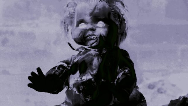 Creepy doll on fire, black magic ritual, horror scene, evil creature, hell. Inverted colors, Halloween scene