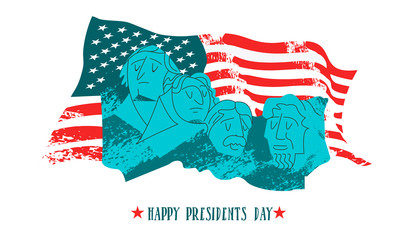 Happy presidents day. Vector illustration, greeting card. Monument on mount Rushmore in the United States containing sculptural portraits of four U.S. presidents. George Washington, Thomas Jefferson, 