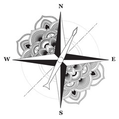 Sign of compass  with round ornament behind isolated on white background. Vector illustration © tiena