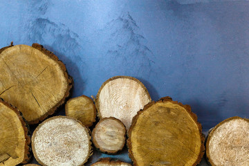 Wooden wood spruce and birch bark sawed wood for decoration