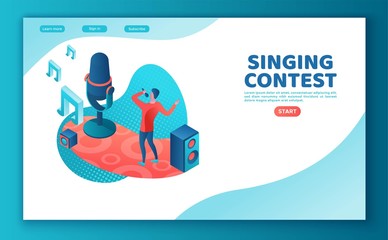 Singer 3d isometric vector colorful illustration, landing page template, man singing with microphone, landing page template, radio person