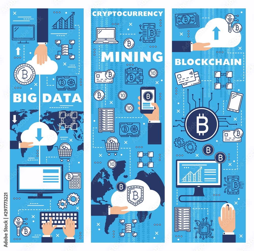 Poster vector cryptocurrency bitcoin mining, blockchain