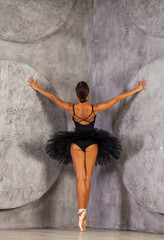 Young beautiful ballerina in black ballet tutu posing in dark studio
