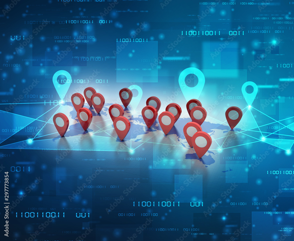 Fototapete 3d rendering Red map pointer with world map