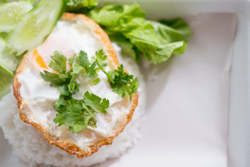 The inner box of rice is fried egg on top white rice.