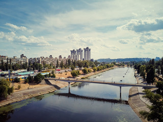 Aerial drone view of Dnipro river and Kyiv city.