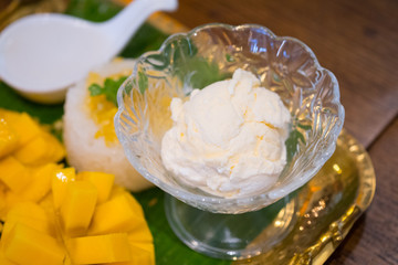 Coconut milk ice cream with mango and sticky rice