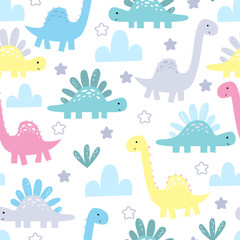 Cute seamless pattern with funny dinosaurs. vector illustration.