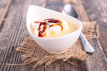 floating island with whipped egg and caramel