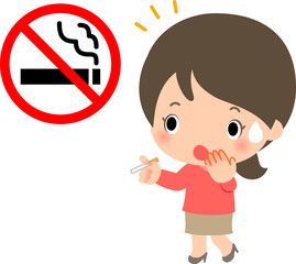 禁煙マークに気付くタバコを手に持った女性