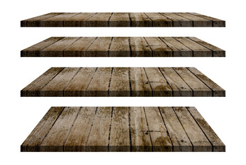 Wood shelves table top collection isolated on white background. Clipping path include in this image. Copy space for your display or montage product design.