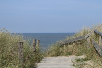 Fototapeta na wymiar Holzsteig auf Wangerooge, der zum Strand führt, mit dem Meer im Hintergrund