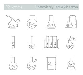 Set of chemistry laboratory or pharmacology icons isolated drawn on a white background in linear style.Test tubes, chemical beakers,measuring cups. Medicine, pharmacology, forensics,scientific