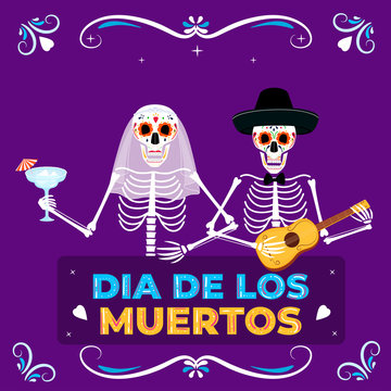 Day of the dead party. Dea de los muertos banner. Painted skeletons fiancee and groom