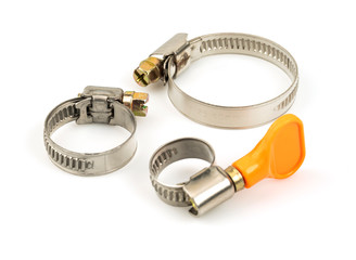 Metal, steel clamps for use in any industry on the isolated white background