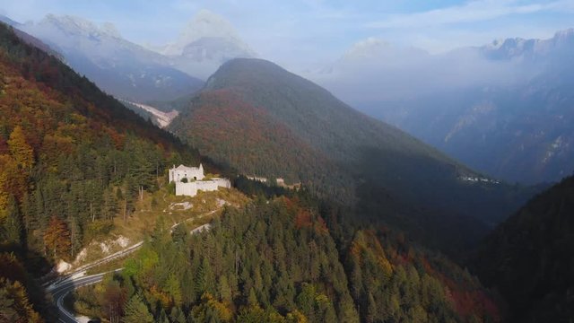 Autumn aerial view of Fort Predel, in Slovenia, at the foot of The Julian Alps