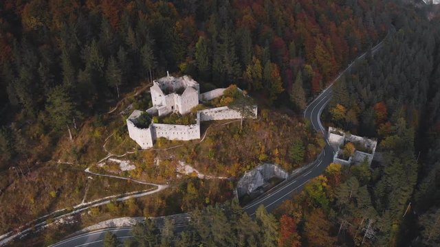 Autumn aerial view of Fort Predel, in Slovenia, at the foot of The Julian Alps