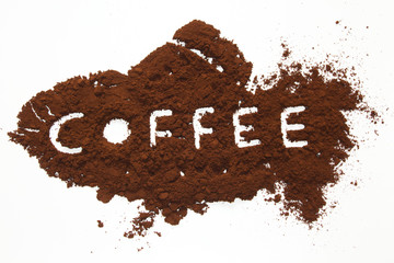 Word coffee written in the coffee powder