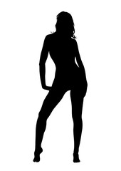 Black silhouette of a slender young barefoot girl in a  swimsuit who poses beautifully and flirts in front of the photographer