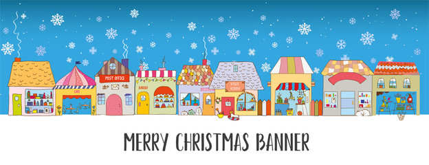 Christmas and winter banner with houses and snow. Funny design, vector graphic illustration